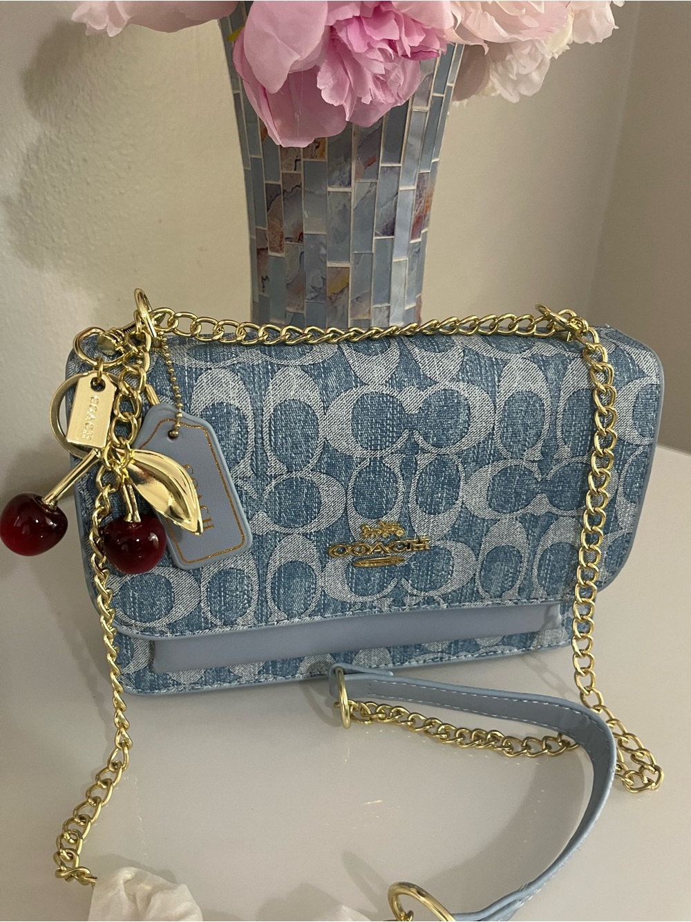 Coach Light Blue Signature Denim Crossbody with Cherry Charm